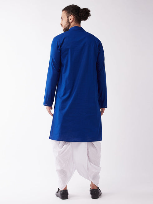 Vastramay Men's Blue And White Cotton Blend Kurta And Dhoti Set